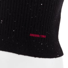 SHUSHU TONG black sequinned knit collared red logo rib crop vest UK6 XS
