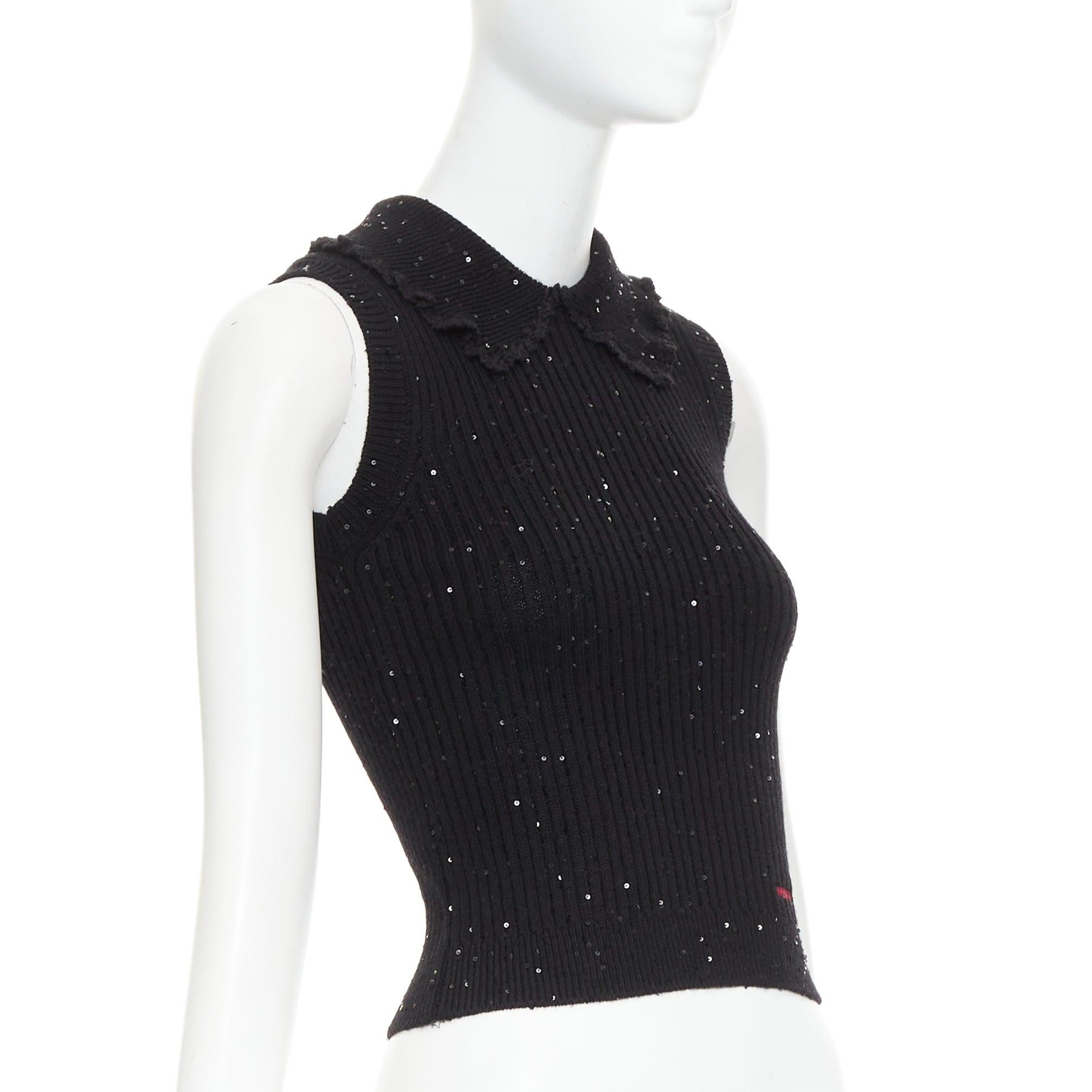Black SHUSHU TONG black sequinned knit collared red logo rib crop vest UK6 XS For Sale