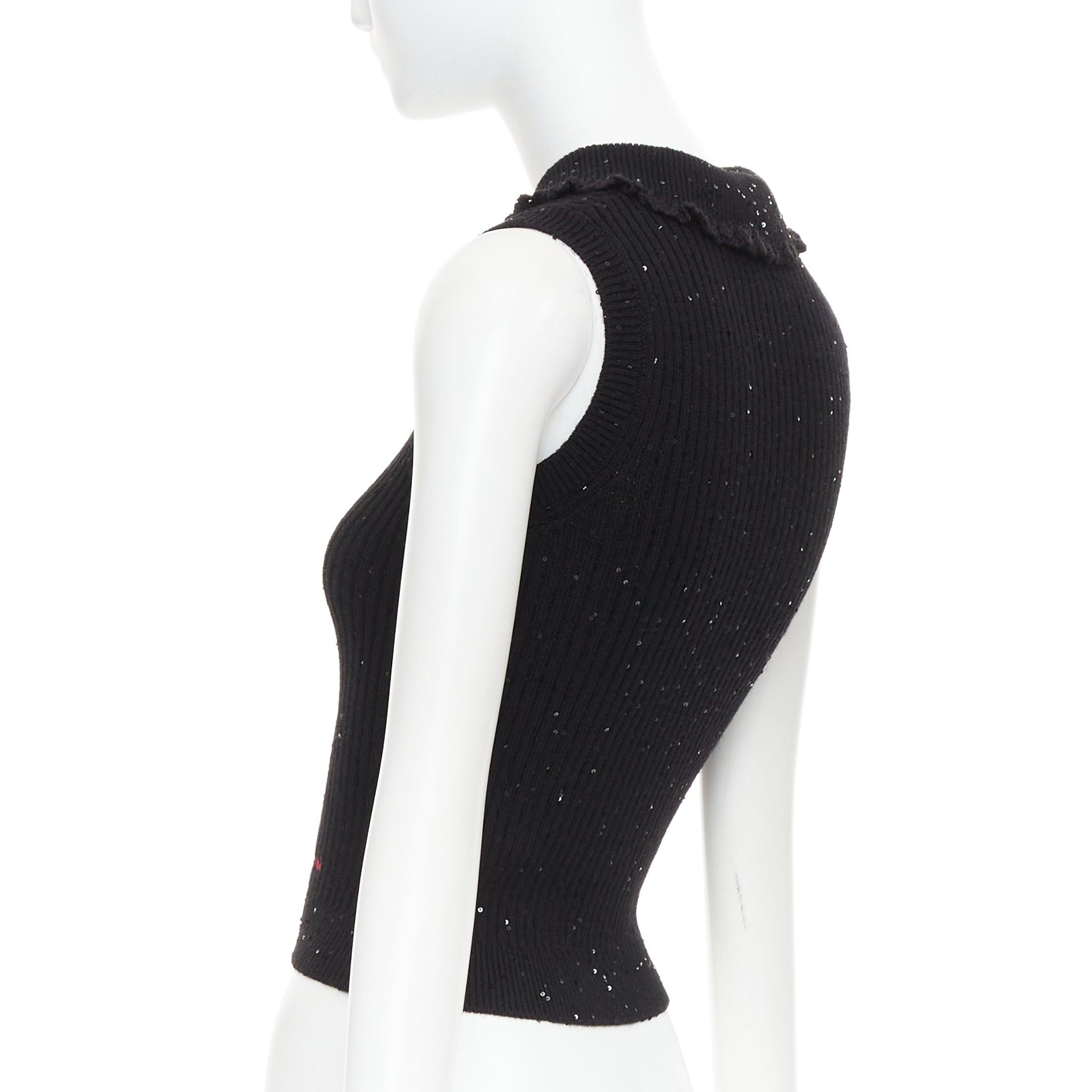 SHUSHU TONG black sequinned knit collared red logo rib crop vest UK6 XS For Sale 1