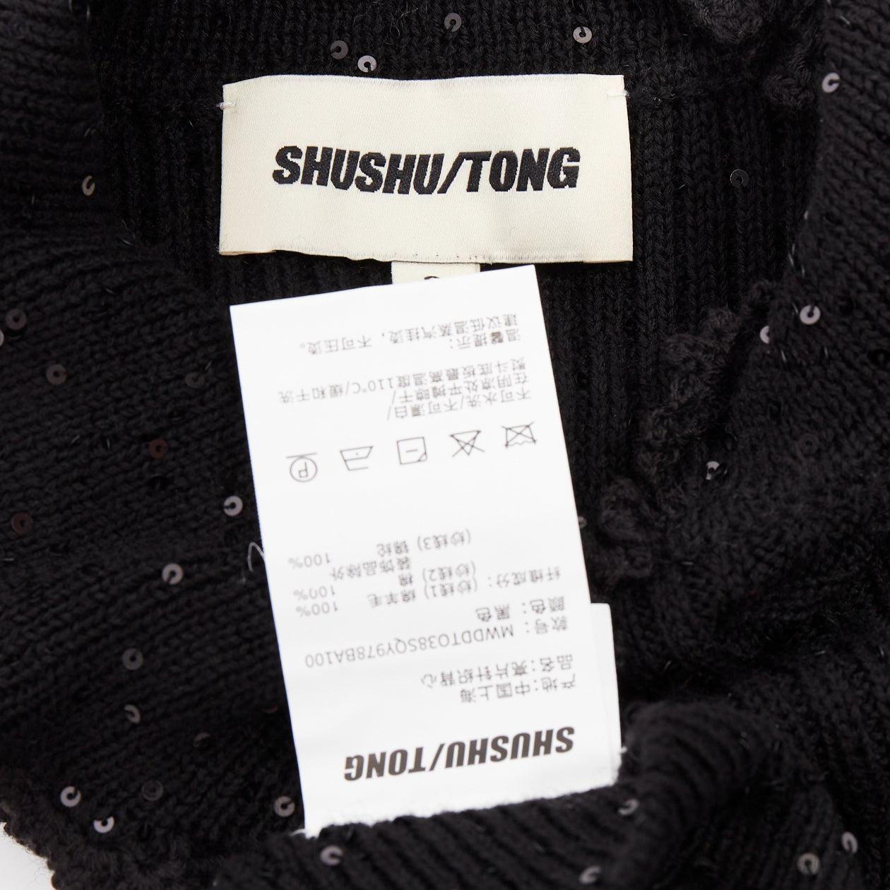 SHUSHU TONG black sequinned knit collared red logo rib crop vest UK6 XS For Sale 3