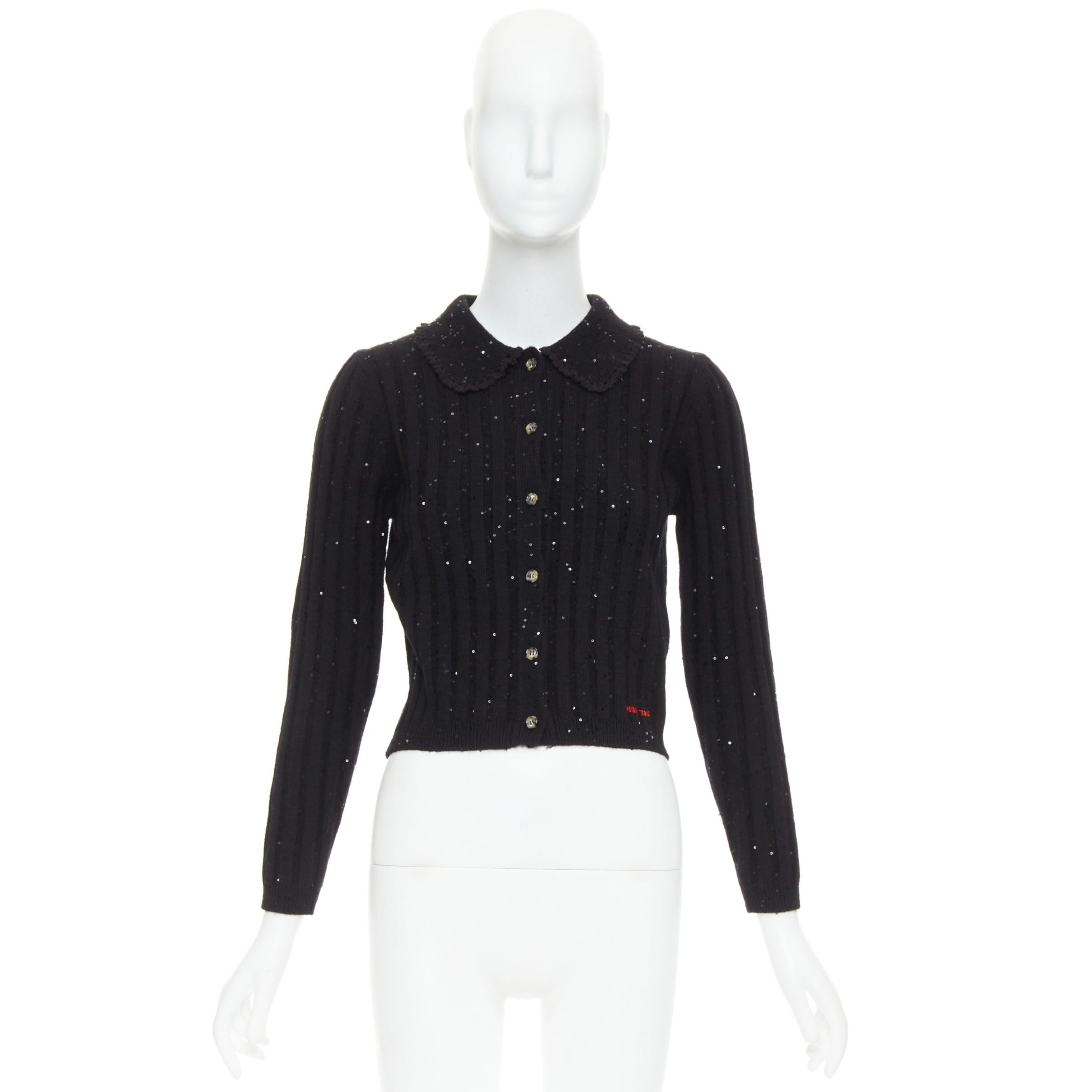 SHUSHU TONG black sequins wool cotton blend logo crop cardigan UK6 XS For Sale 5
