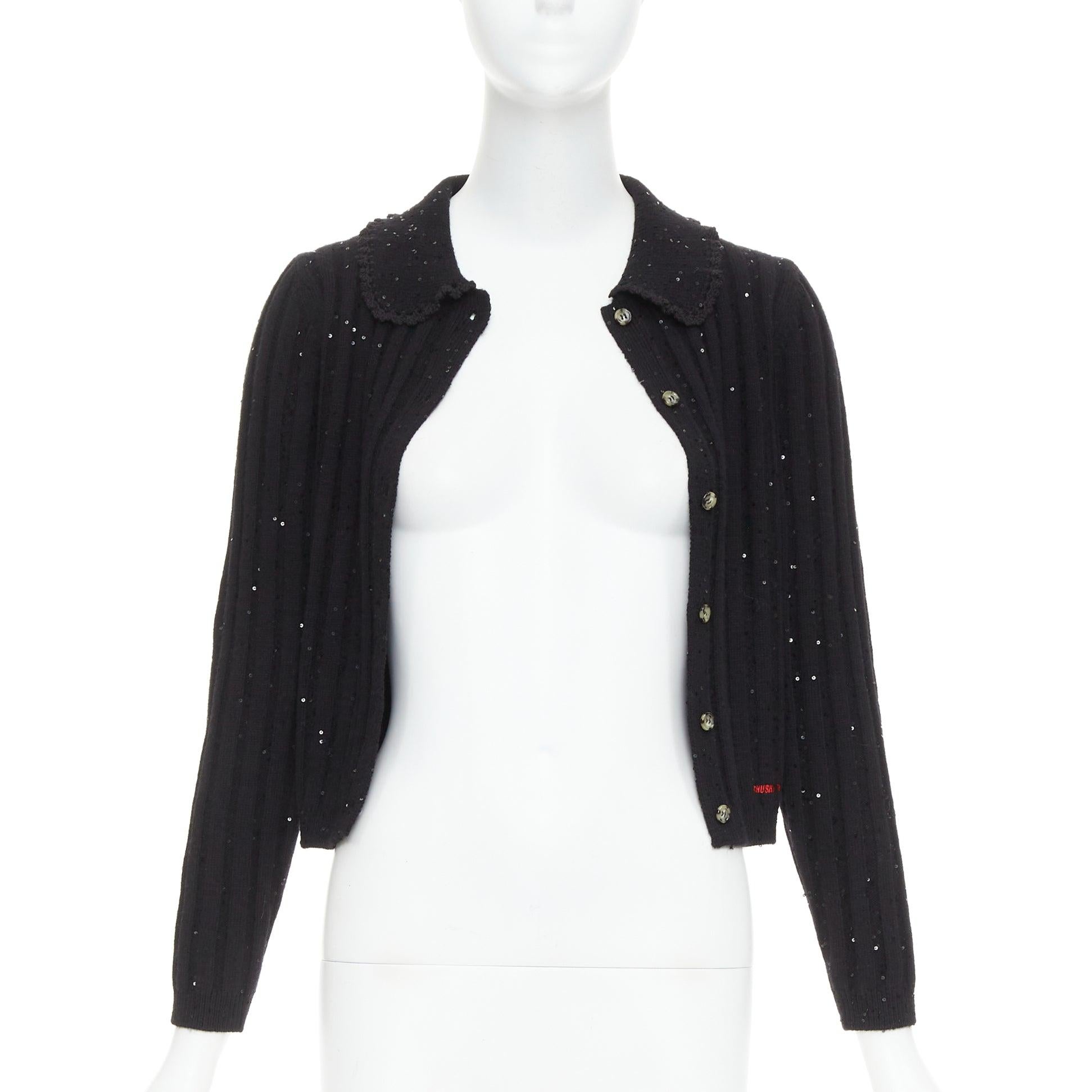 Black SHUSHU TONG black sequins wool cotton blend logo crop cardigan UK6 XS For Sale