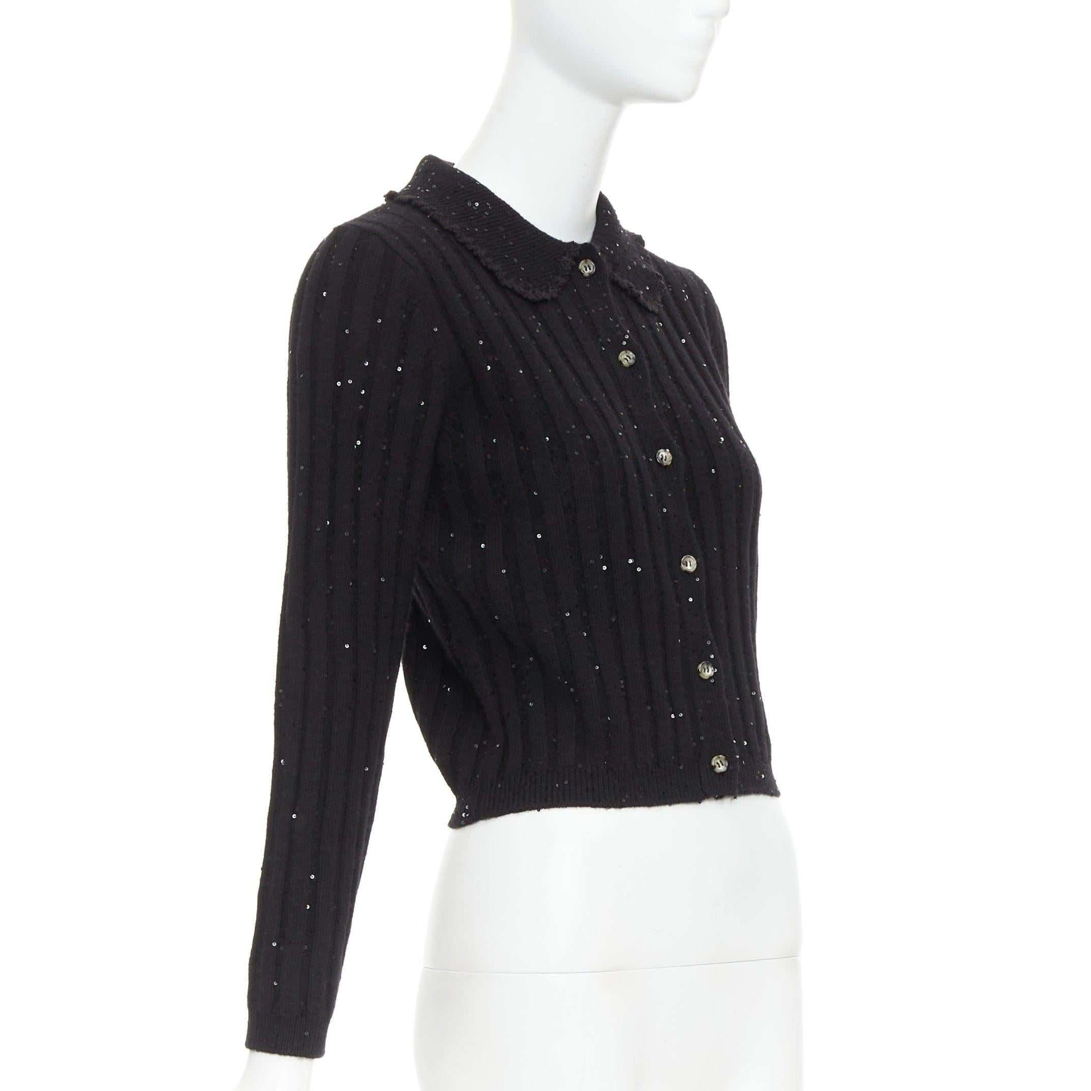 SHUSHU TONG black sequins wool cotton blend logo crop cardigan UK6 XS In Excellent Condition For Sale In Hong Kong, NT