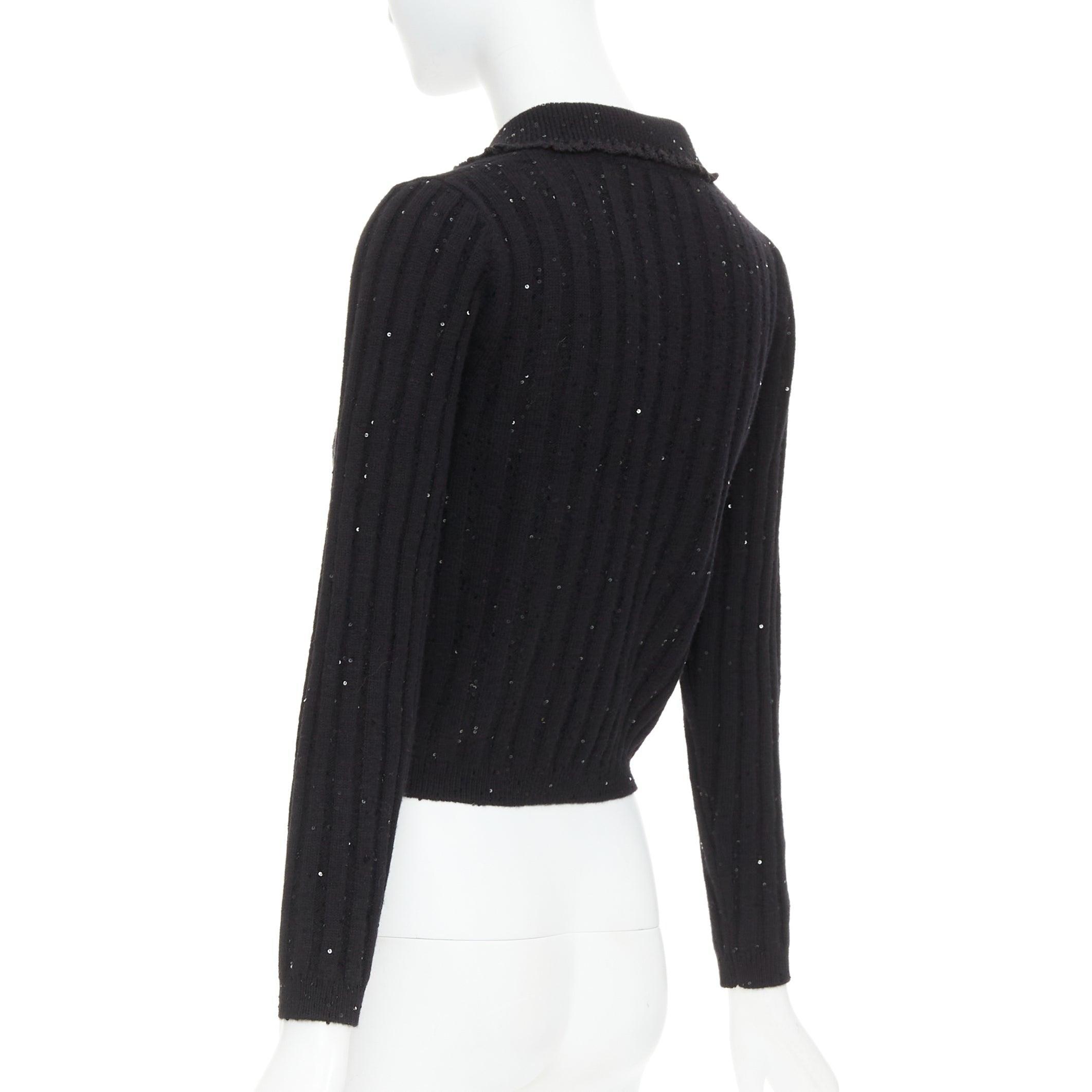 SHUSHU TONG black sequins wool cotton blend logo crop cardigan UK6 XS For Sale 2