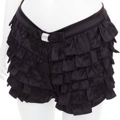 SHUSHU TONG black viscose ruffle tiered crystal bow mini shorts UK6 XS