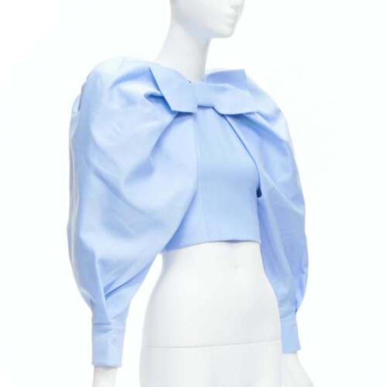 SHUSHU TONG Blau Baumwolle Seide Schleife Puffärmel zugeschnittene Top UK6 XS im Zustand „Gut“ im Angebot in Hong Kong, NT