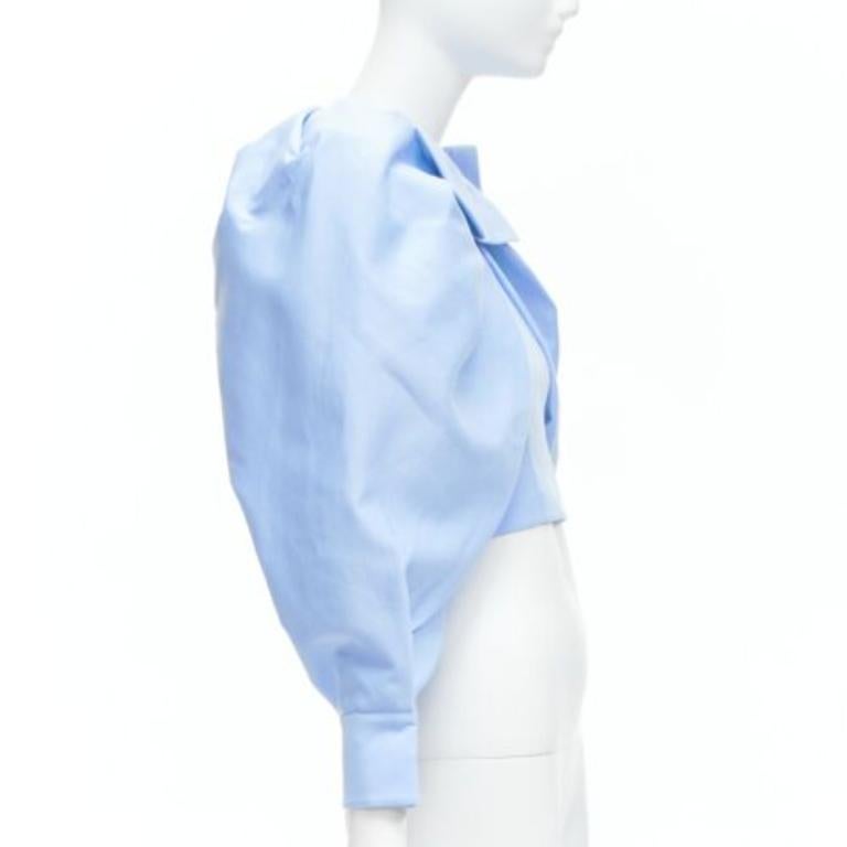 SHUSHU TONG Blau Baumwolle Seide Schleife Puffärmel zugeschnittene Top UK6 XS Damen im Angebot