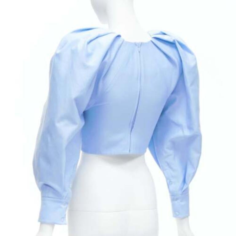 SHUSHU TONG Blau Baumwolle Seide Schleife Puffärmel zugeschnittene Top UK6 XS im Angebot 2