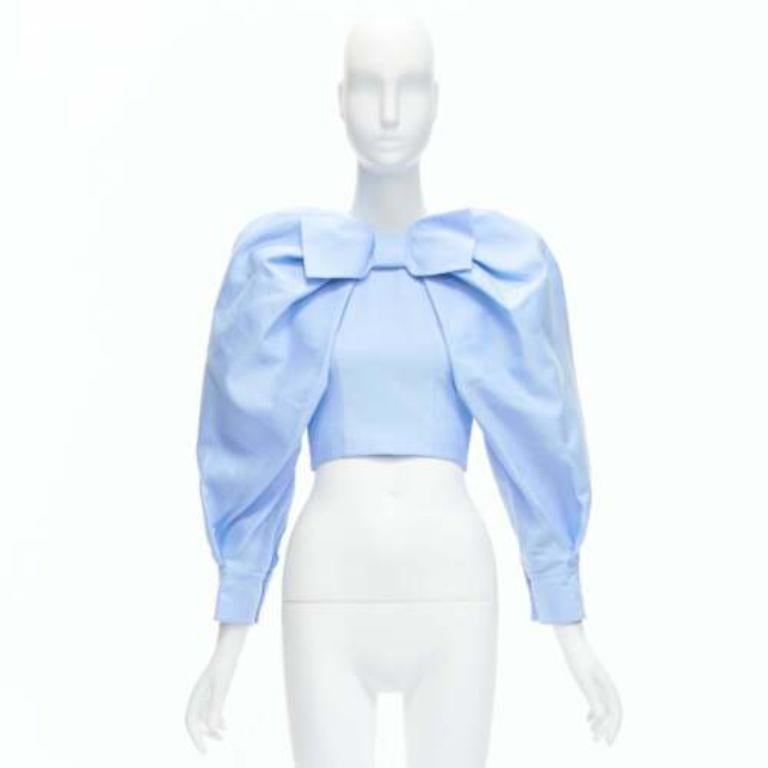SHUSHU TONG Blau Baumwolle Seide Schleife Puffärmel zugeschnittene Top UK6 XS im Angebot 5
