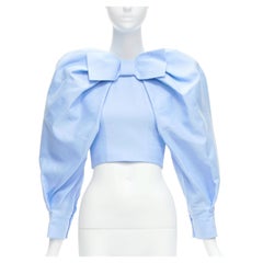 SHUSHU TONG blue cotton silk bow puff sleeve fitted cropped top UK6 XS