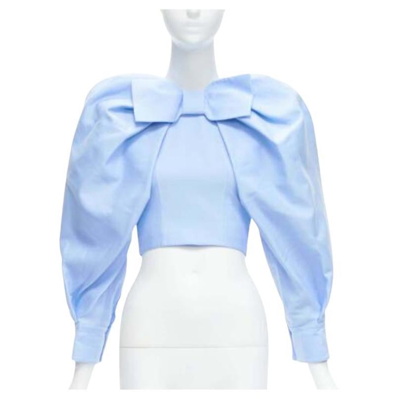 SHUSHU TONG Blau Baumwolle Seide Schleife Puffärmel zugeschnittene Top UK6 XS im Angebot