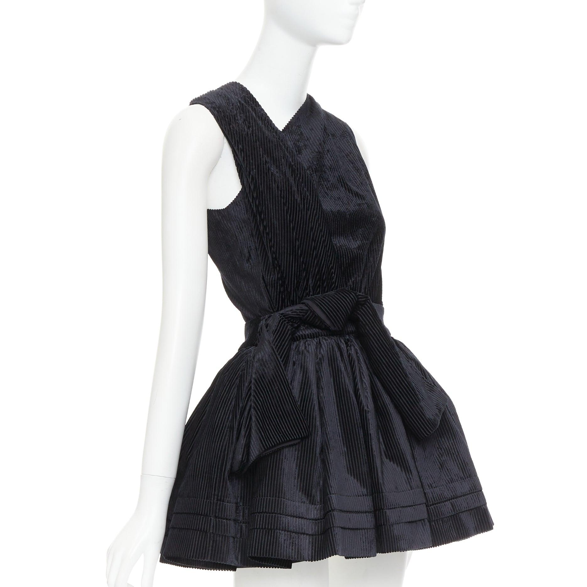 Black SHUSHU TONG Tuck Edge Sloping black corduroy fit flare dress UK6 XS For Sale