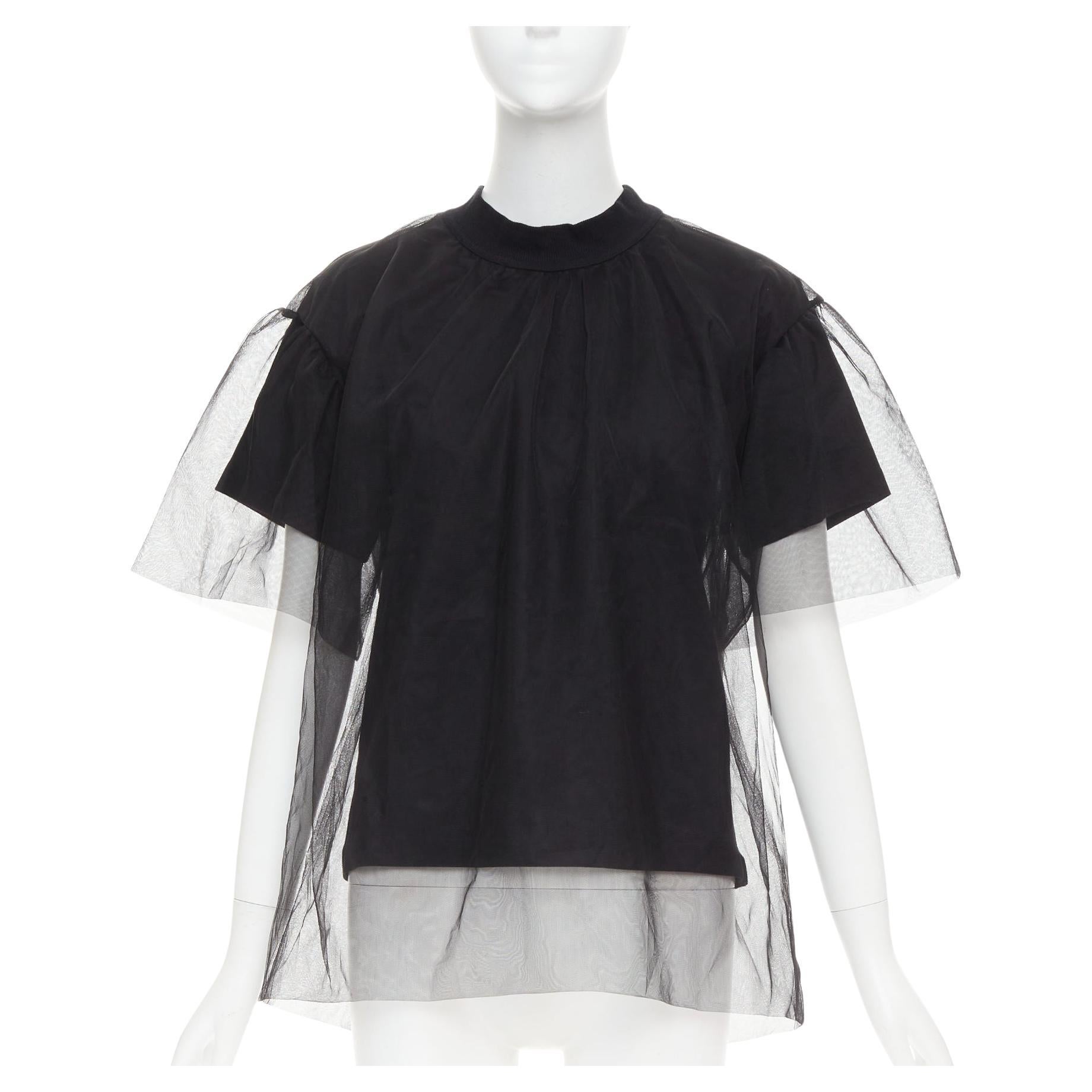 SHUSHU TONG T-shirt in tulle, maglia nera con girocollo a strati UK6 XS in vendita