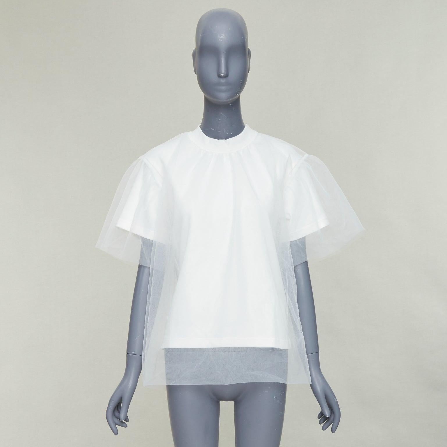 SHUSHU TONG Tüll weiß Creme Mesh Overlay Rundhalsausschnitt kurze Ärmel tshirt UK6 XS im Angebot 4