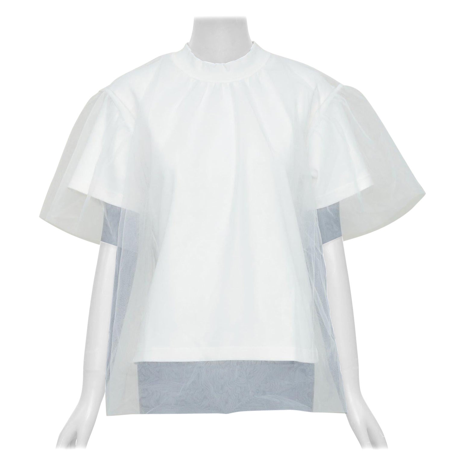 SHUSHU TONG Tüll weiß Creme Mesh Overlay Rundhalsausschnitt kurze Ärmel tshirt UK6 XS im Angebot