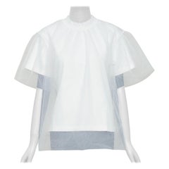 SHUSHU TONG Tüll weiß Creme Mesh Overlay Rundhalsausschnitt kurze Ärmel tshirt UK6 XS