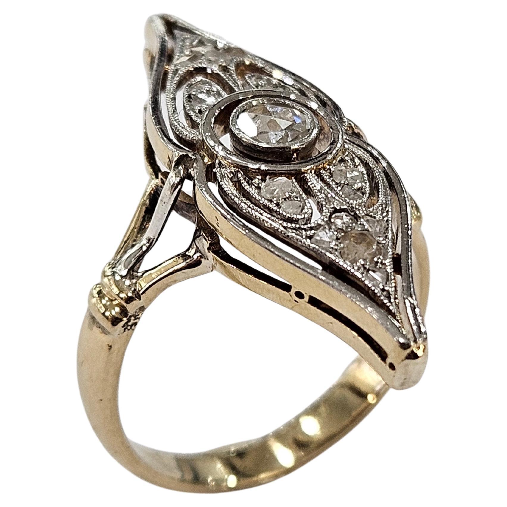 Bague navette 1930 Diamant naturel Rose et Holland Cut Or 18 kts & Platine en vente 5