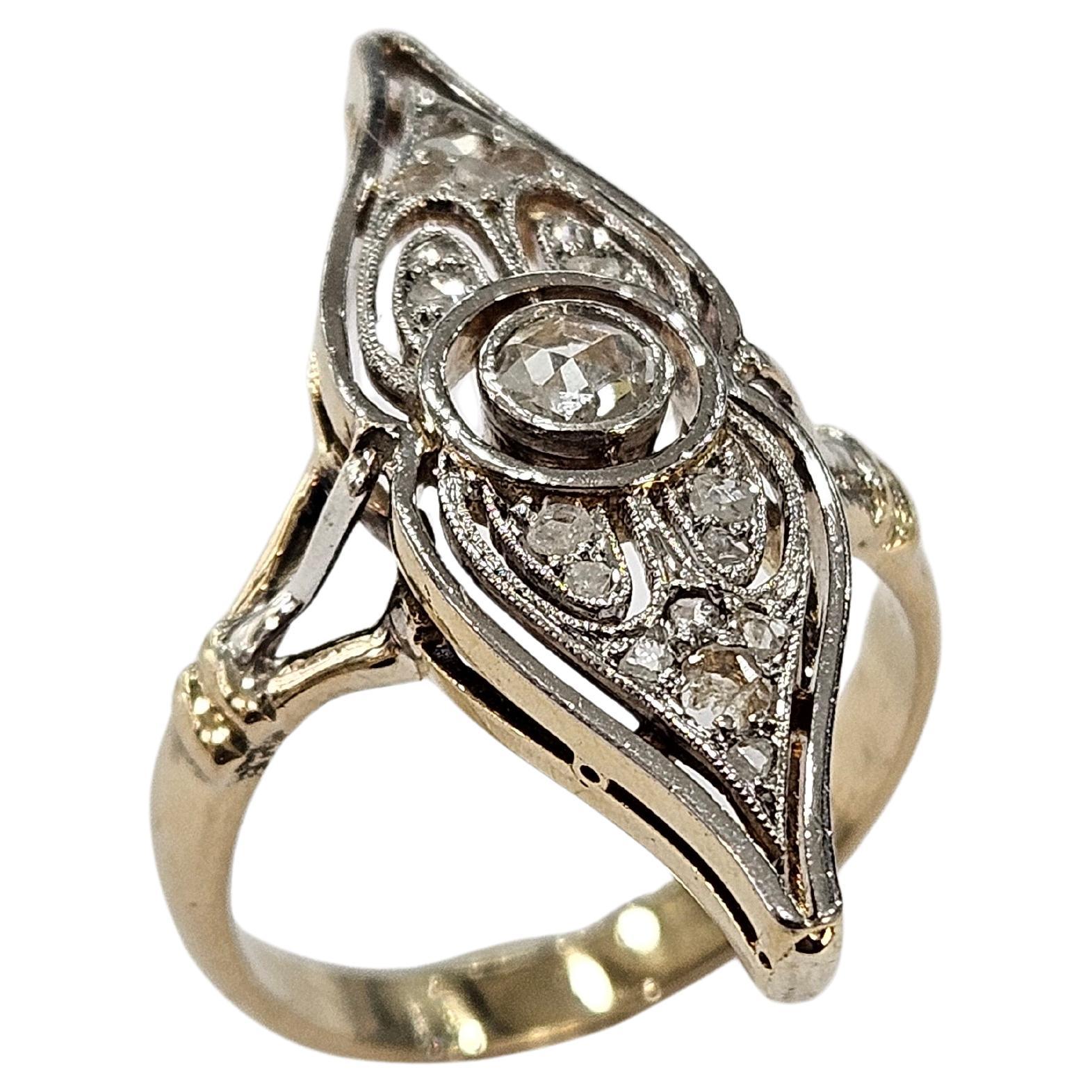 Art déco Bague navette 1930 Diamant naturel Rose et Holland Cut Or 18 kts & Platine en vente