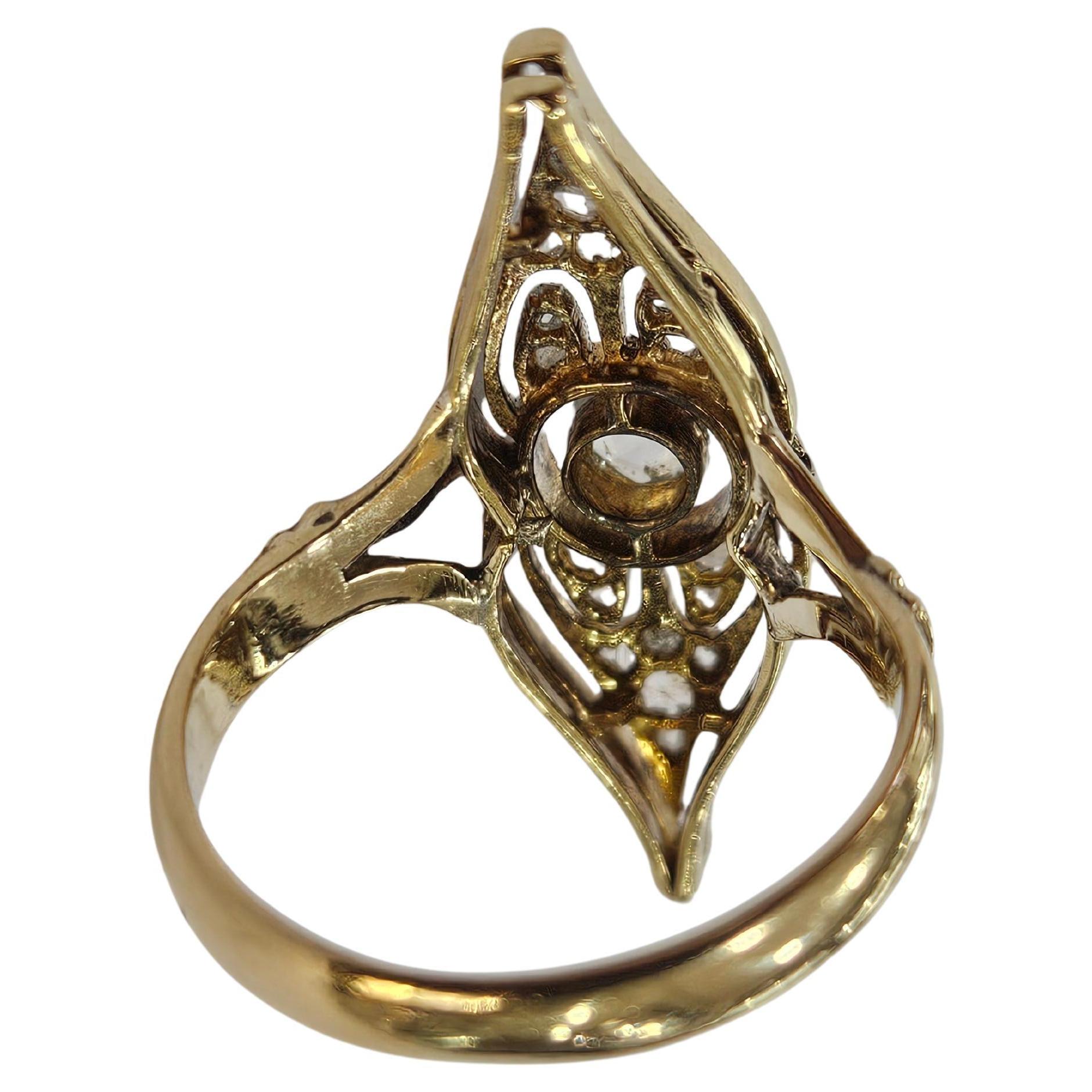 Taille rose Bague navette 1930 Diamant naturel Rose et Holland Cut Or 18 kts & Platine en vente