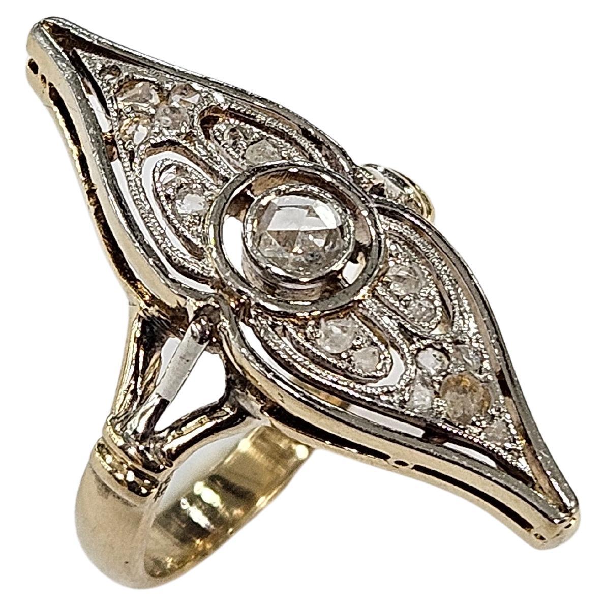 Bague navette 1930 Diamant naturel Rose et Holland Cut Or 18 kts & Platine Bon état - En vente à MADRID, ES