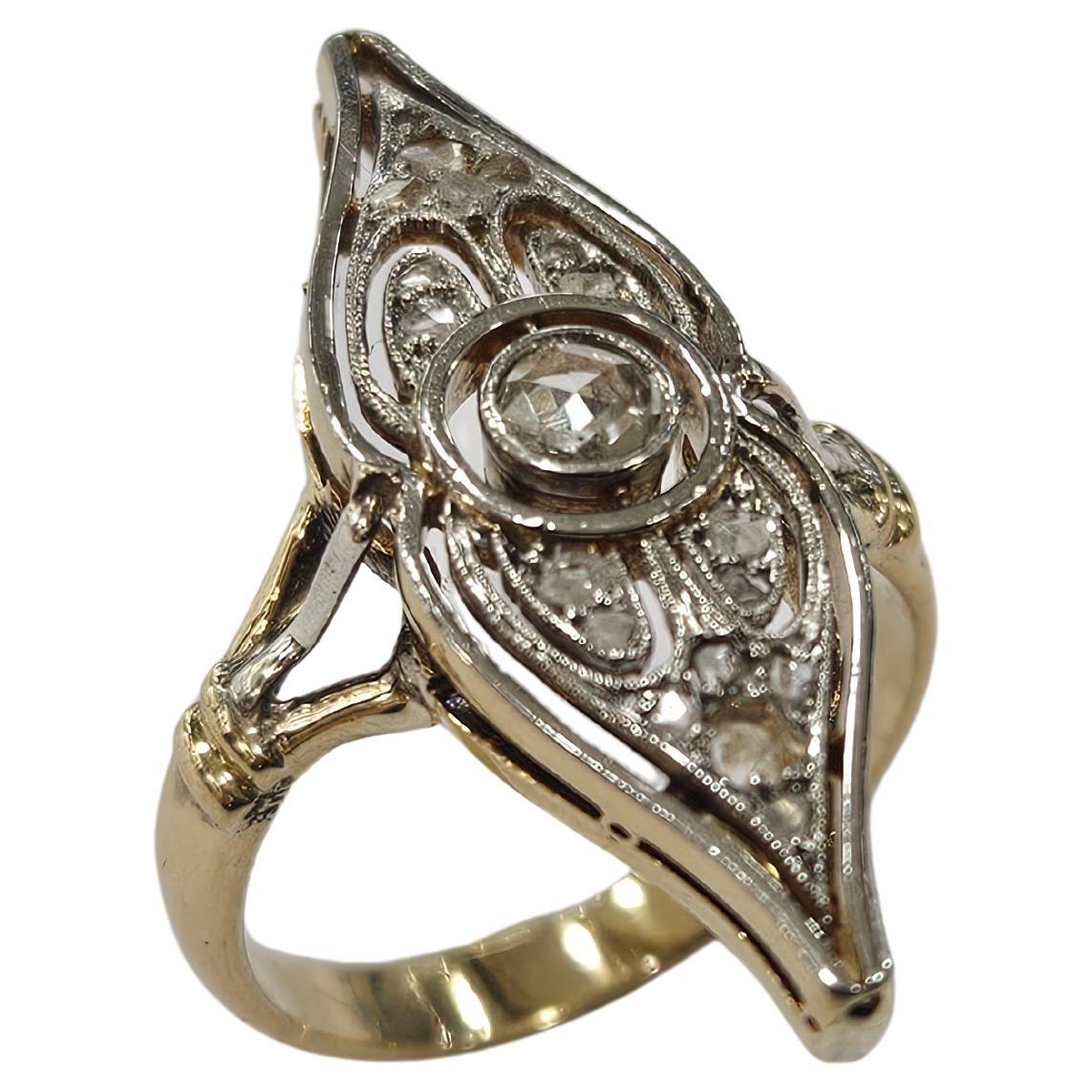 Bague navette 1930 Diamant naturel Rose et Holland Cut Or 18 kts & Platine en vente 1