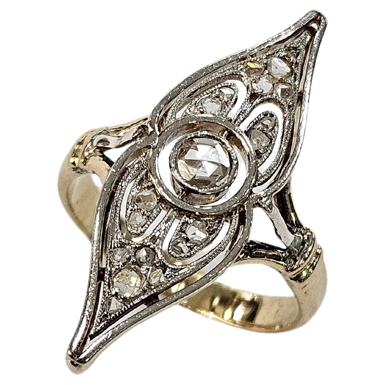 Bague navette 1930 Diamant naturel Rose et Holland Cut Or 18 kts & Platine en vente 2