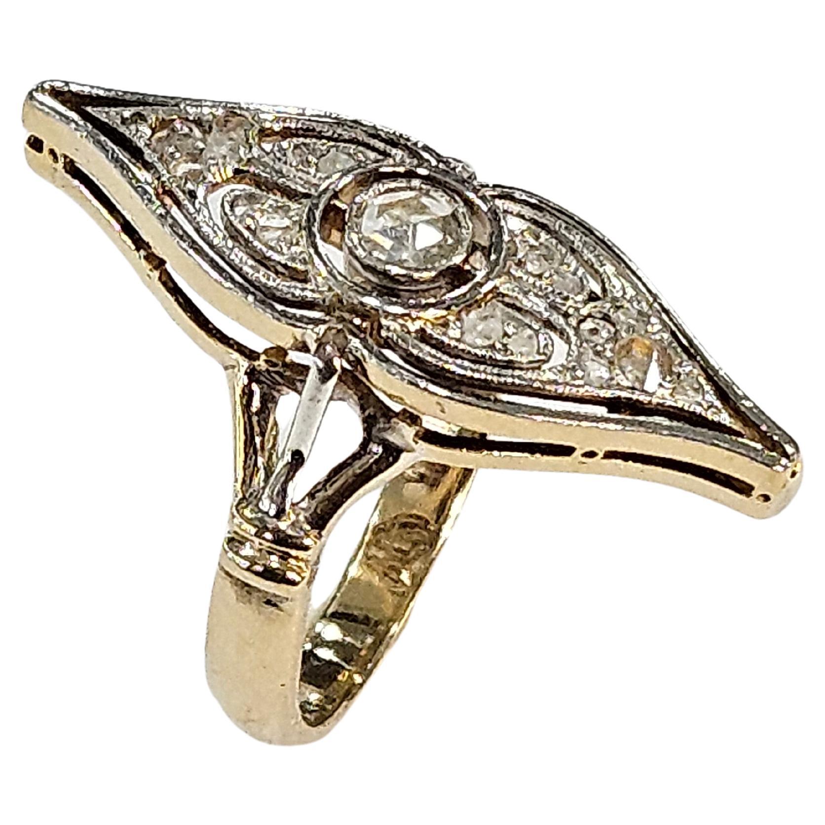 Bague navette 1930 Diamant naturel Rose et Holland Cut Or 18 kts & Platine en vente 3