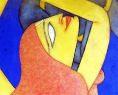 Duet, India Mythology, Oil, Acrylic on Canvas Blue, Red, Yellow Colour "In Stock"