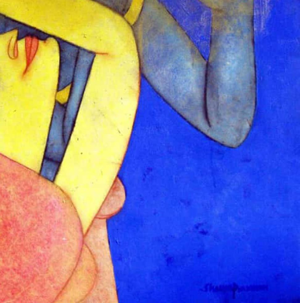Duet, India Mythology, Oil, Acrylic on Canvas Blue, Red, Yellow Colour 