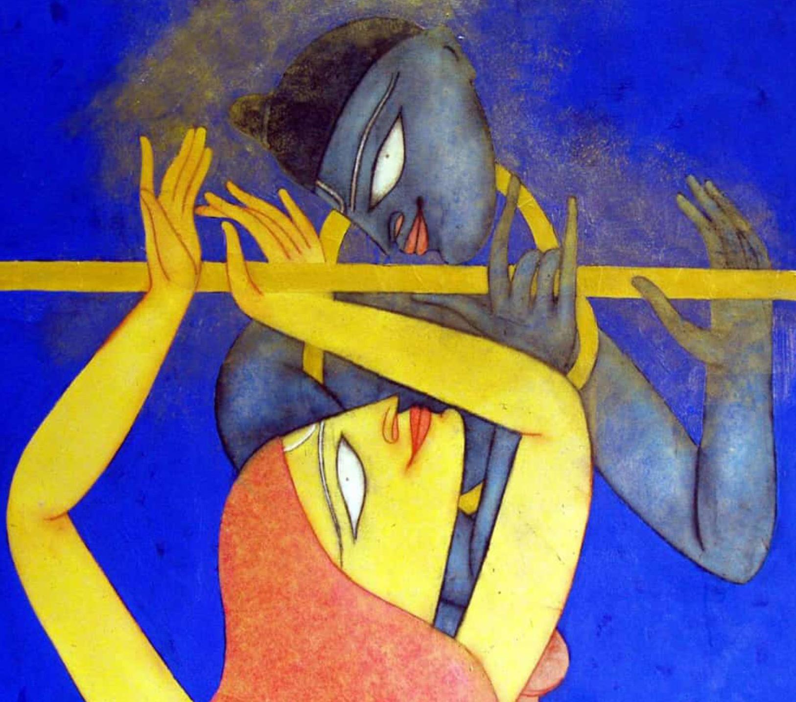 Duet, India Mythology, Oil, Acrylic on Canvas Blue, Red, Yellow Colour 