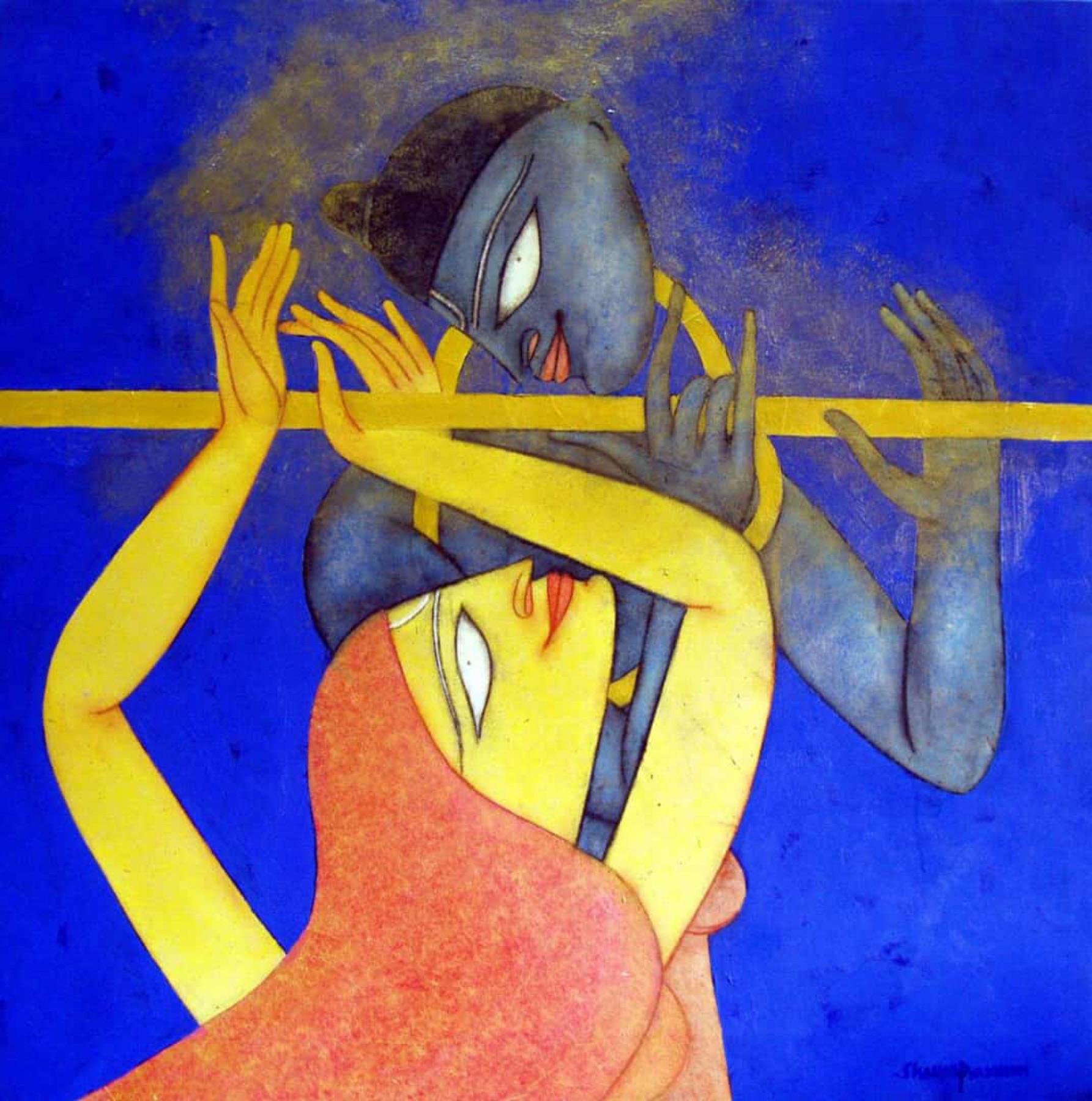Duet, India Mythology, Oil, Acrylic on Canvas Blue, Red, Yellow Colour "In Stock" - Mixed Media Art by Shuvaprasanna Bhattacharya