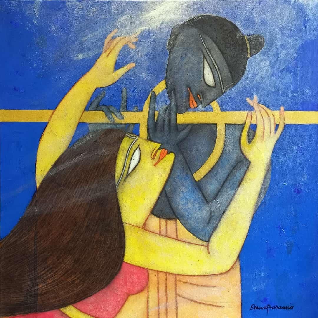 Shuvaprasanna Bhattacharya Portrait Painting - Golden Flute, Acrylic Oil , Charcoal on Canvas by Master Indian Artist “In Stock"