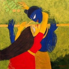 Golden Flute, Acrylic on Paper by Modern Indian Artist Shuvaprasanna “In Stock"