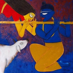 Golden Flute, Acrylic on Paper by Modern Indian Artist Shuvaprasanna “In Stock"