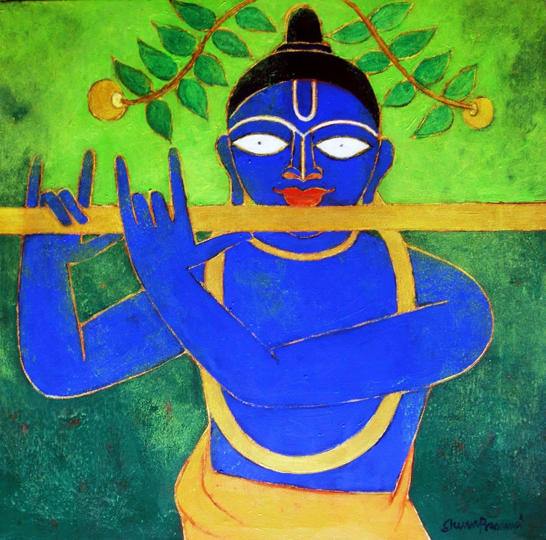 Shuvaprasanna Bhattacharya Figurative Painting - Golden Flute, Romantic, Lord Krishna, Deep Blue, Golden, Green colors "In Stock"