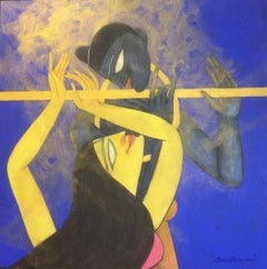 Golden Flute, Mixed Media on Canvas by Modern Indian Artist “In Stock"