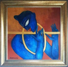 Golden Flute, Mixed Media on Canvas , Rust BlueYellow , Shuvaprasanna “In Stock"