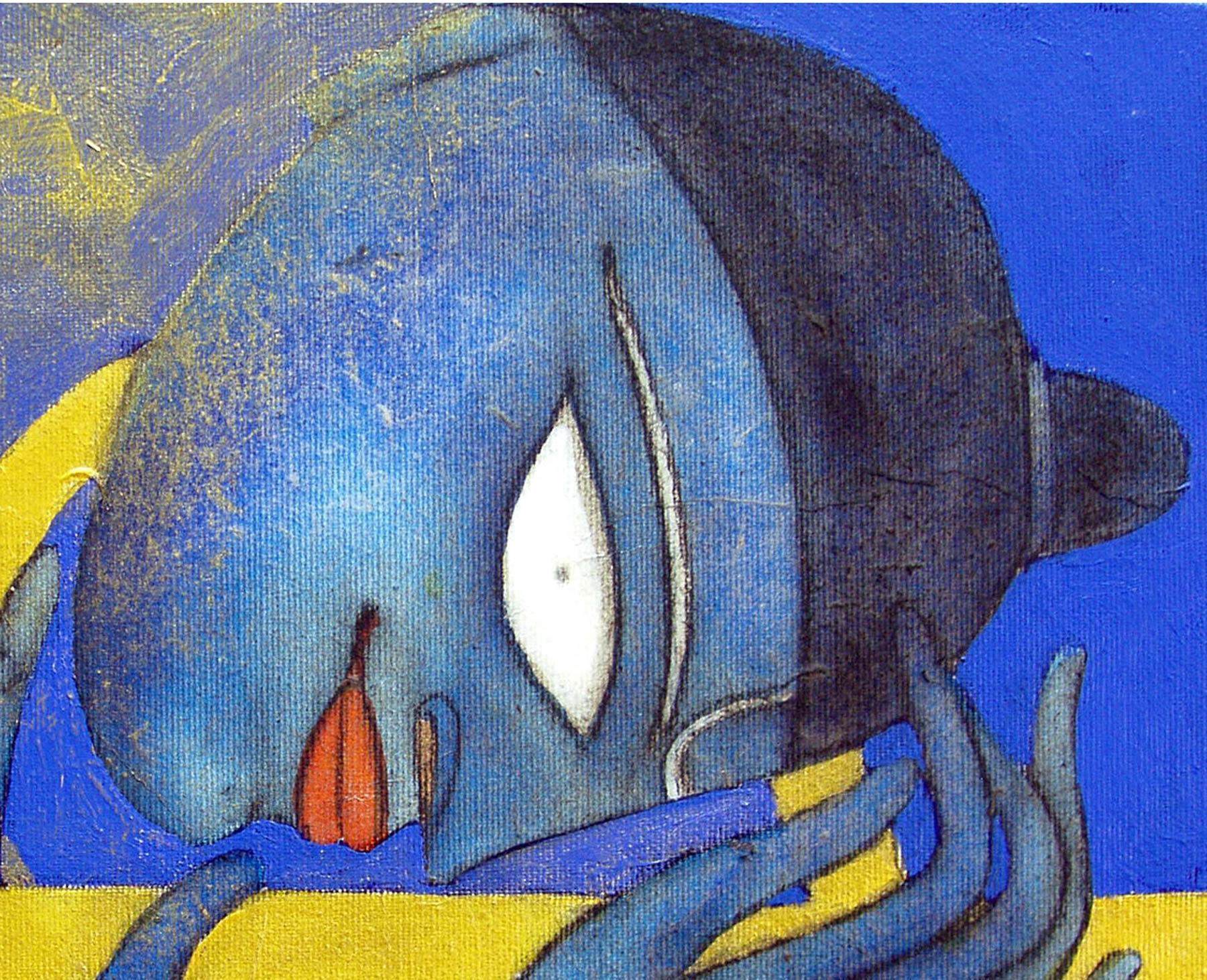 Krishna, Oil, Acrylic, Charcoal, Blue, Yellow by Indian Modernist 