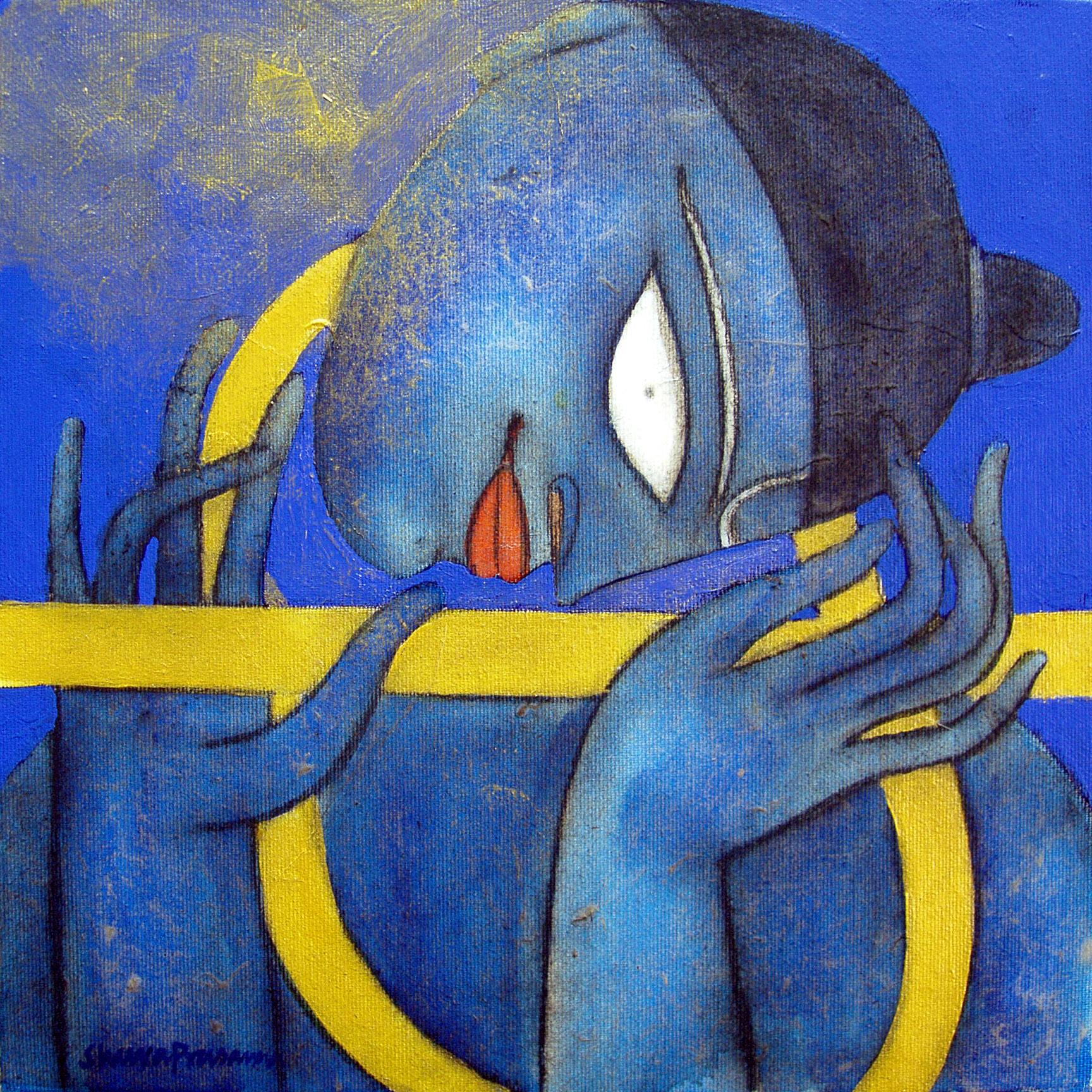 Krishna, huile, acrylique, anthracite, bleu, jaune par le moderniste indien « en stock »