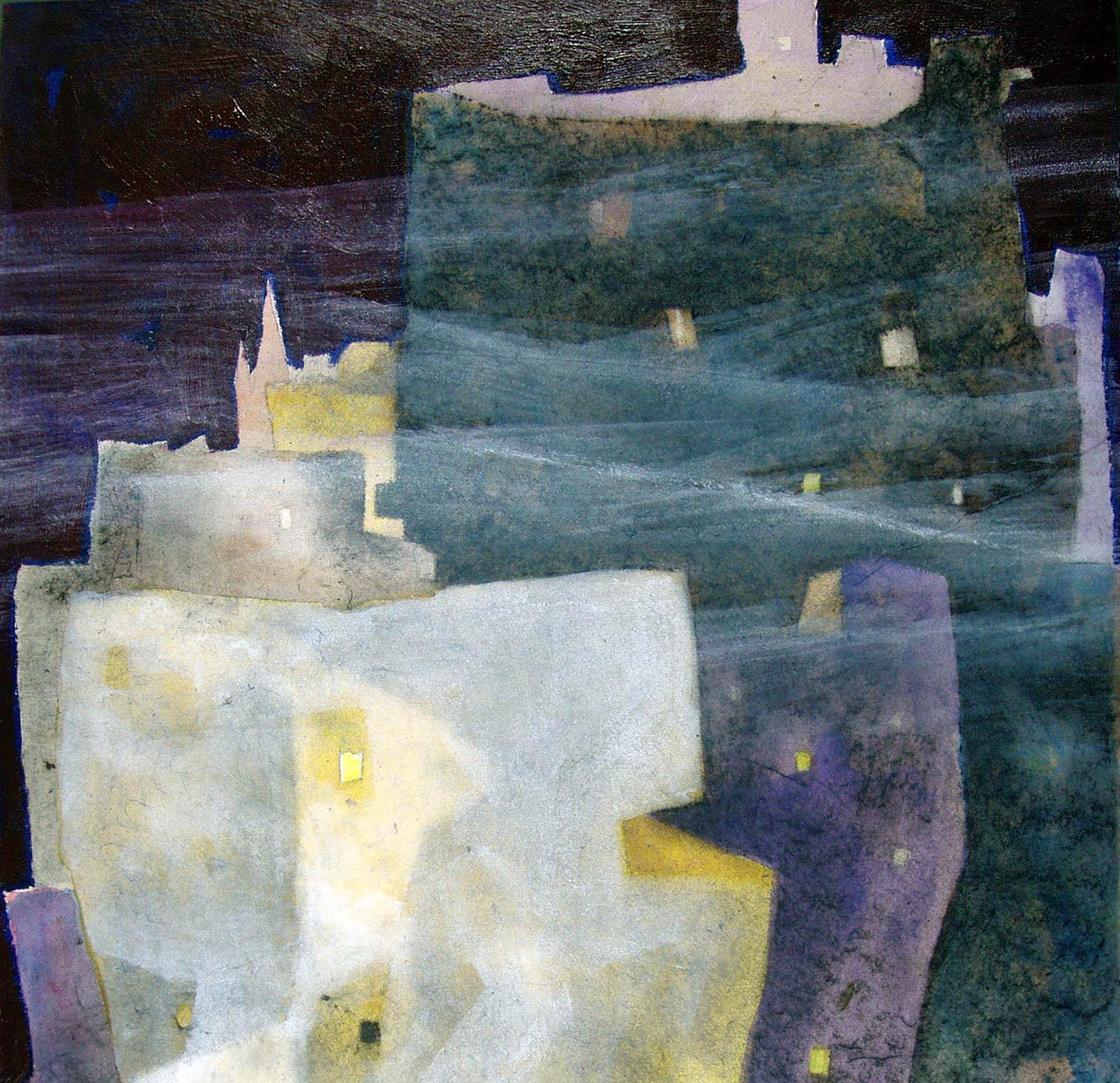 Middletone, Cityscape, Acrylic, Charcoal on paper board, Blue, Violet 