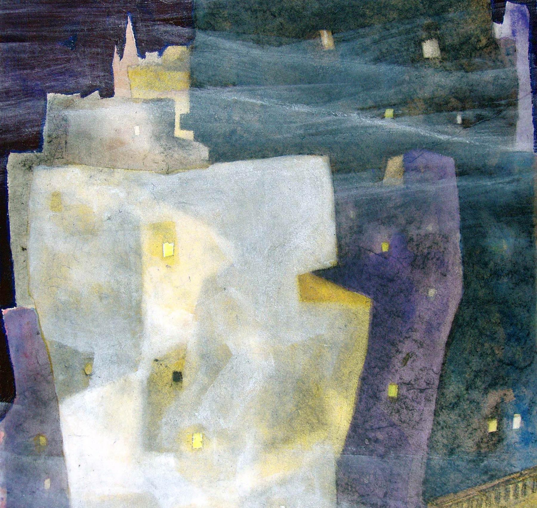 Middletone, Cityscape, Acrylic, Charcoal on paper board, Blue, Violet 