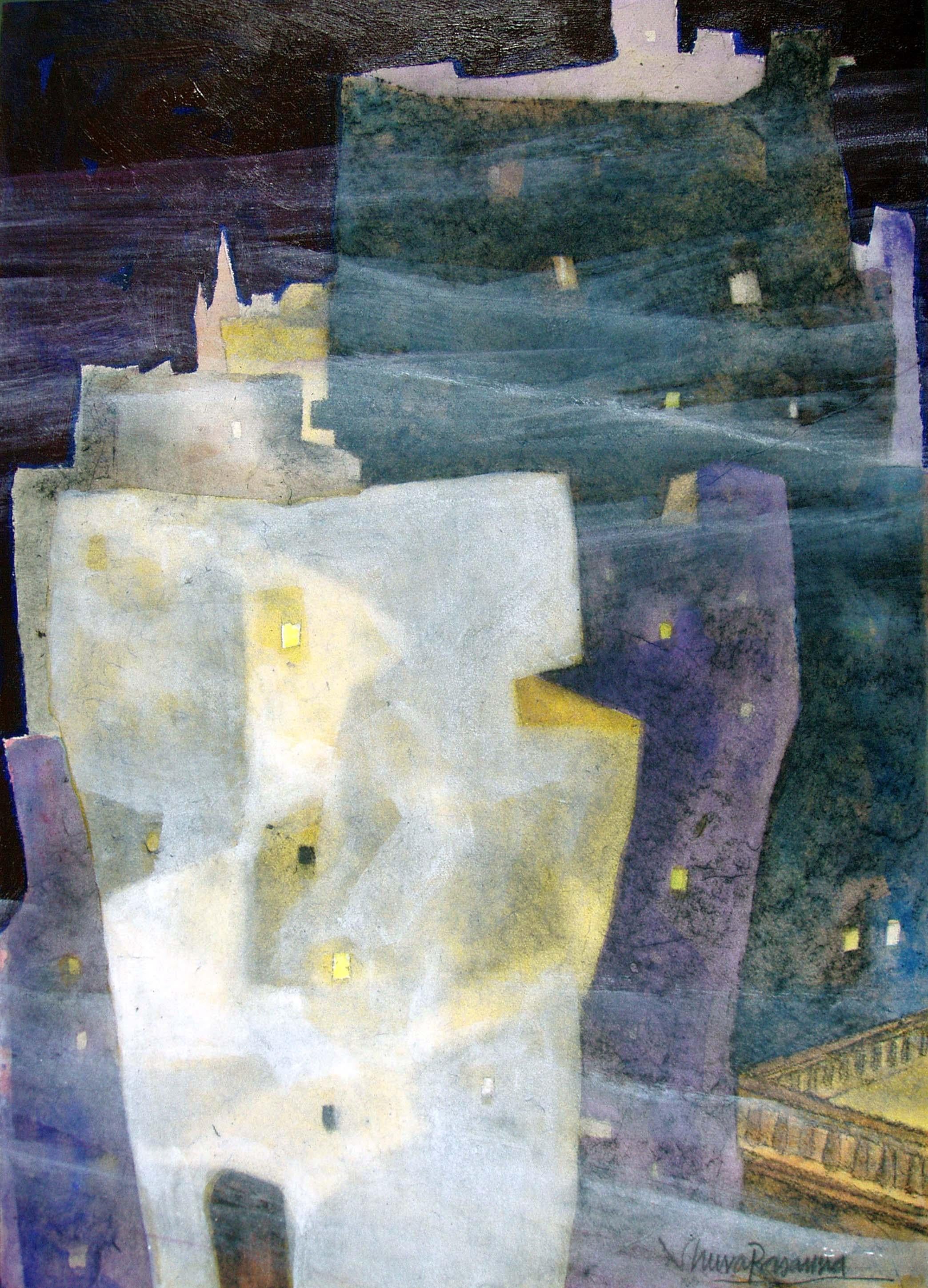 Shuvaprasanna Bhattacharya Landscape Painting - Middletone, Cityscape, Acrylic, Charcoal on paper board, Blue, Violet "In Stock"