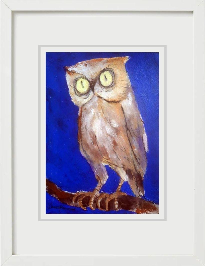 Owl, Oil Acrylic & Charcoal on Paper by Modern Indian Artist “In Stock” - Painting by Shuvaprasanna Bhattacharya