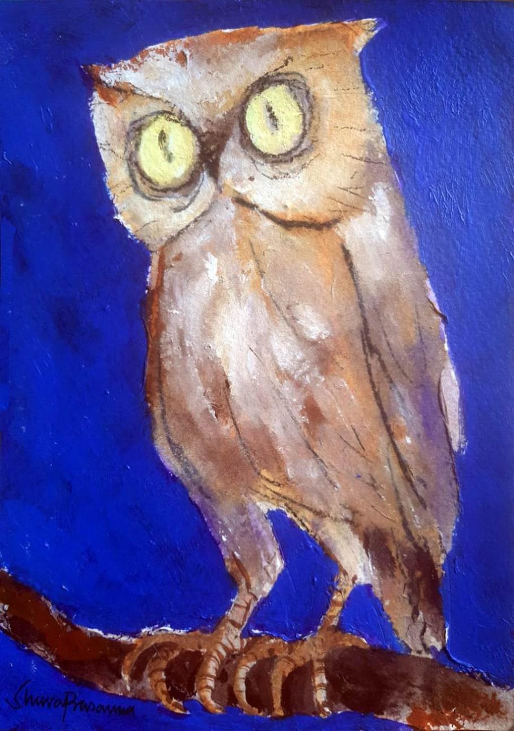 Owl, Oil Acrylic & Charcoal on Paper by Modern Indian Artist “In Stock”
