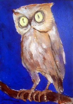 Owl, Oil Acrylic & Charcoal on Paper by Modern Indian Artist “In Stock”