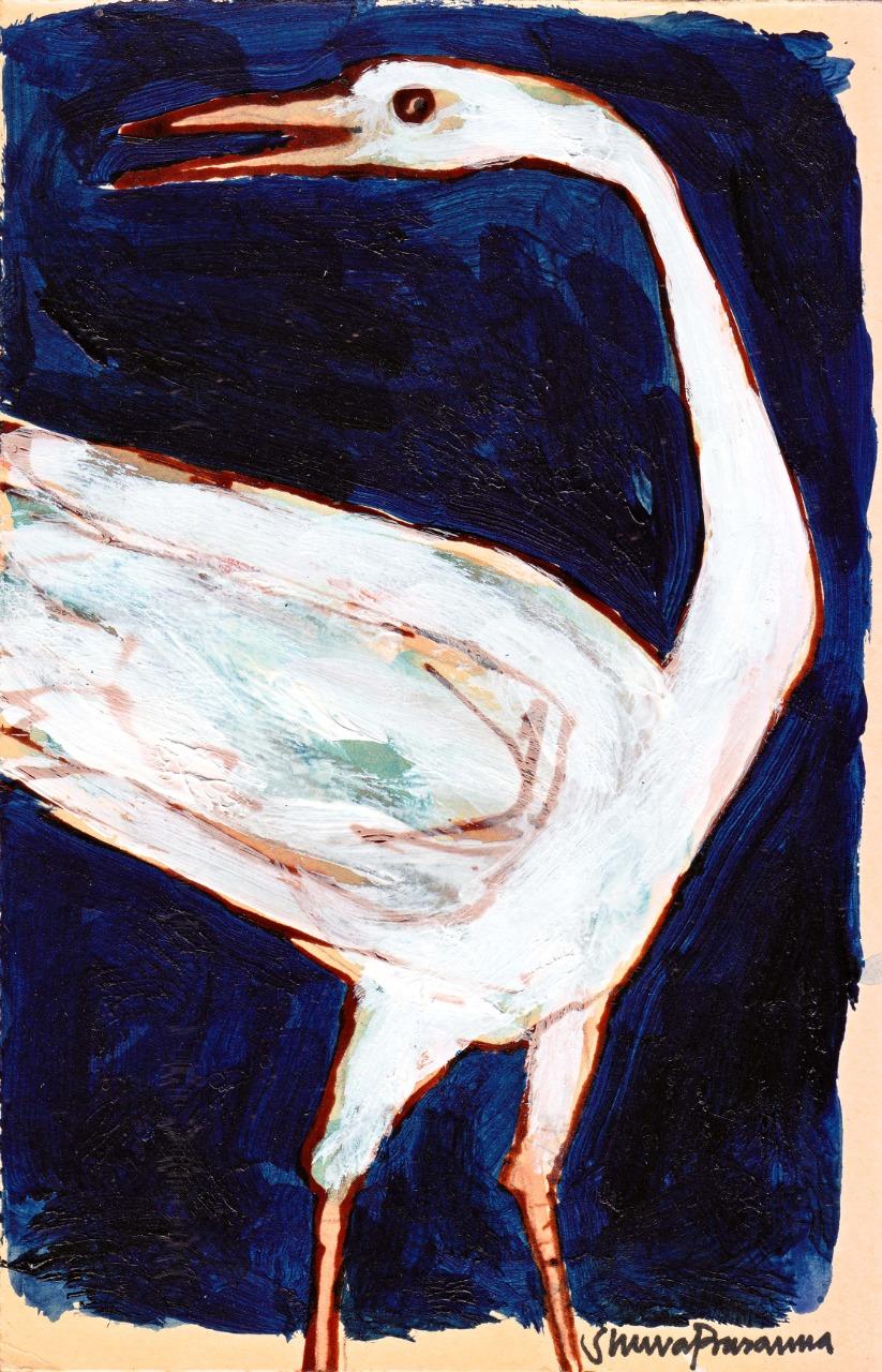  Swan, acrylique sur carte postale, blanc, bleu, rouge, de l'artiste indien moderne « en stock »