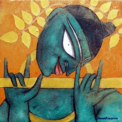 The Golden Flute, Krishna, Romantic, Oil, Acrylic, Charcoal by Artist "In Stock"