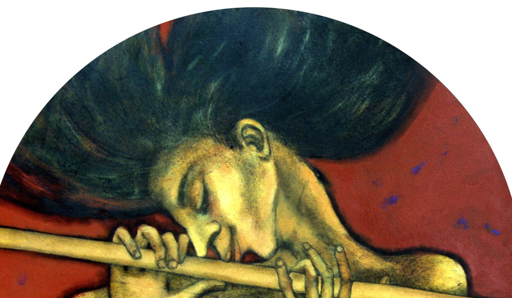 The Golden Flute, Oil, Acrylic & Charcoal on Canvas by Indian Artist 