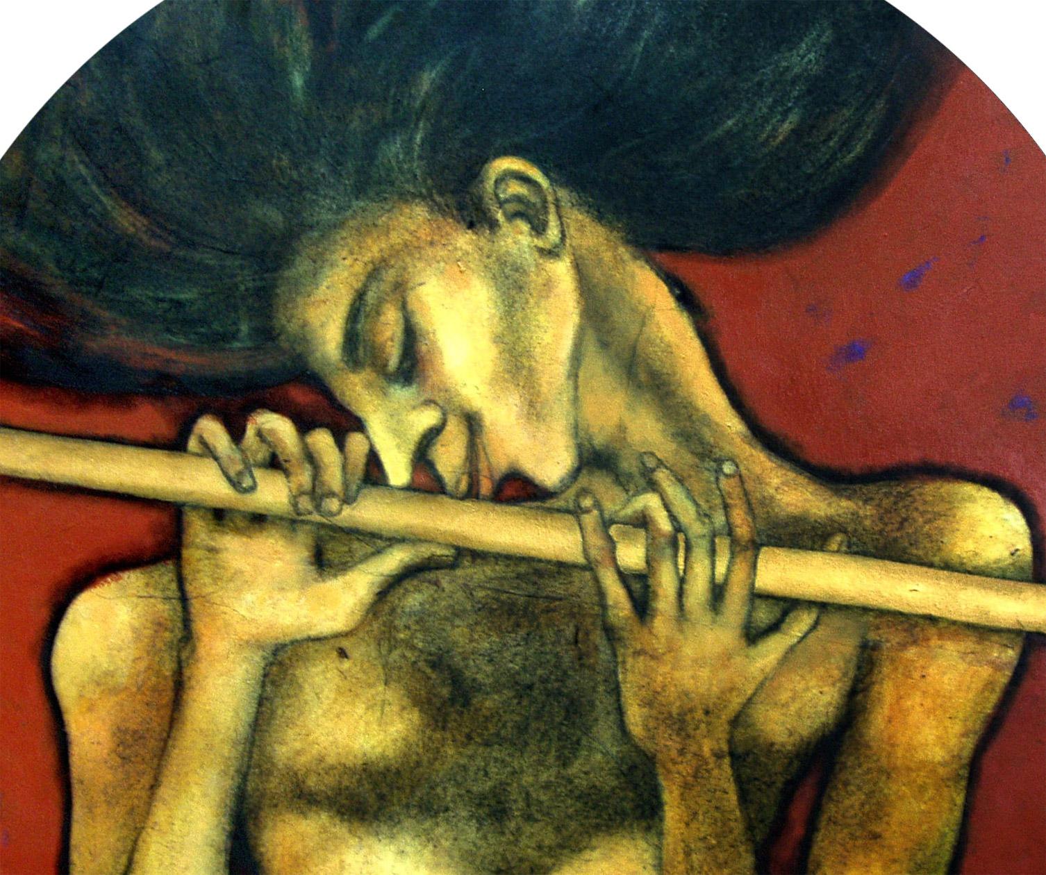 La Flauta de Oro, Óleo, Acrílico y Carboncillo sobre Lienzo por Artista Indio 