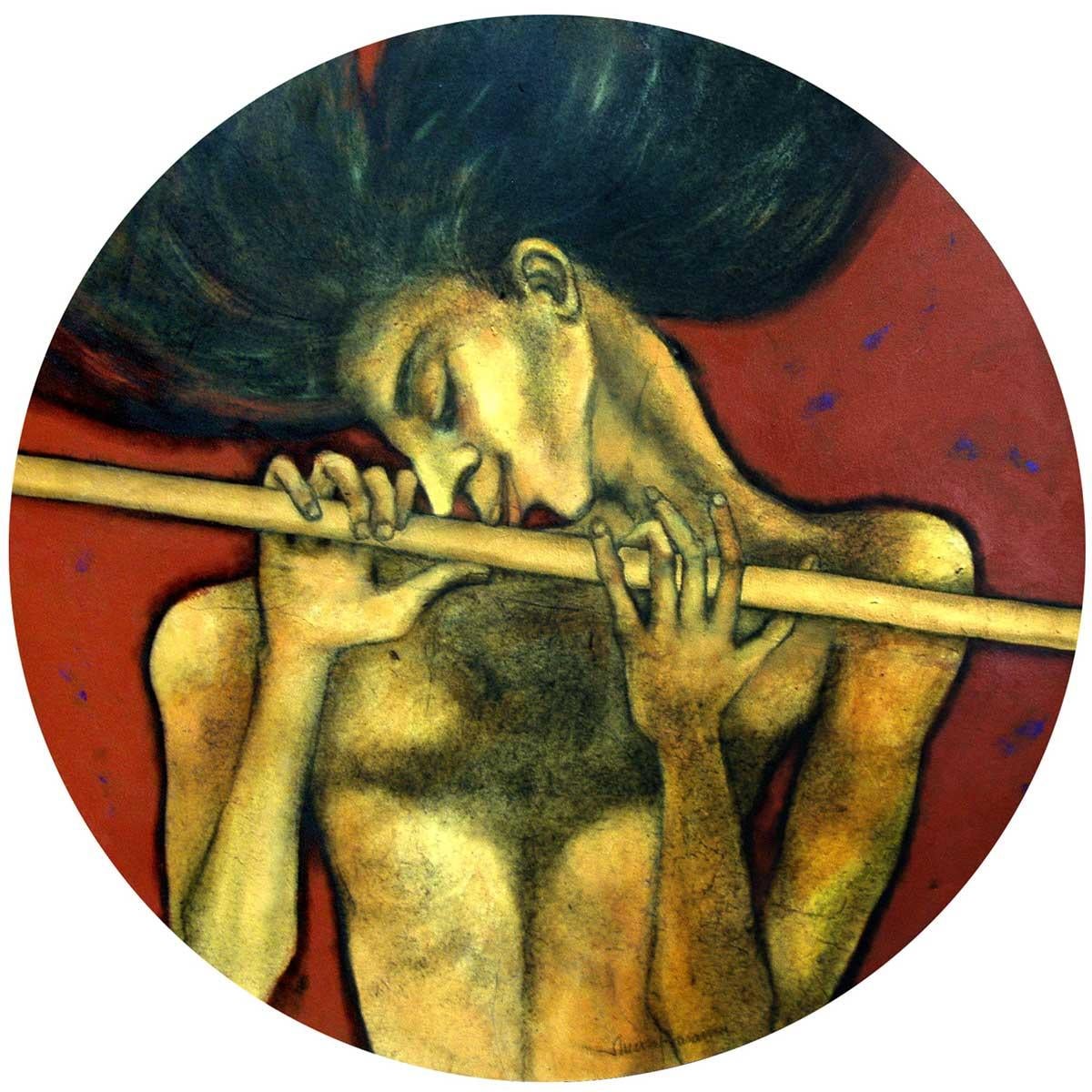 Figurative Painting de Shuvaprasanna Bhattacharya - La Flauta de Oro, Óleo, Acrílico y Carboncillo sobre Lienzo por Artista Indio "En Stock"